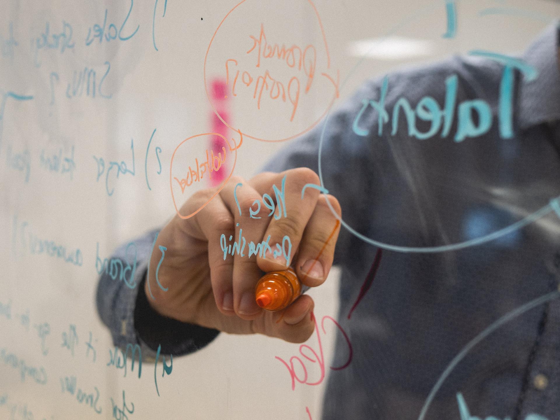 medium complexion hand writing on glass with chalk