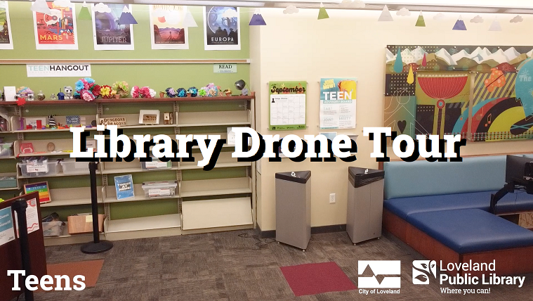 Floor plan of teen space with shelves and benches for Library Drone tour